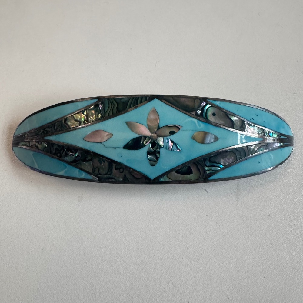 Vintage Alpaca Mexico Abalone Turquoise Inlay Floral Hair Barrette Clip 3.75in